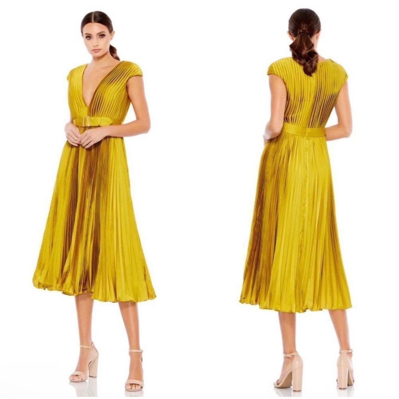 Nwt Mac Duggal Pleated Cap Sleeve Belted A-Line Dress 26483 Chartreuse Sz 4$338